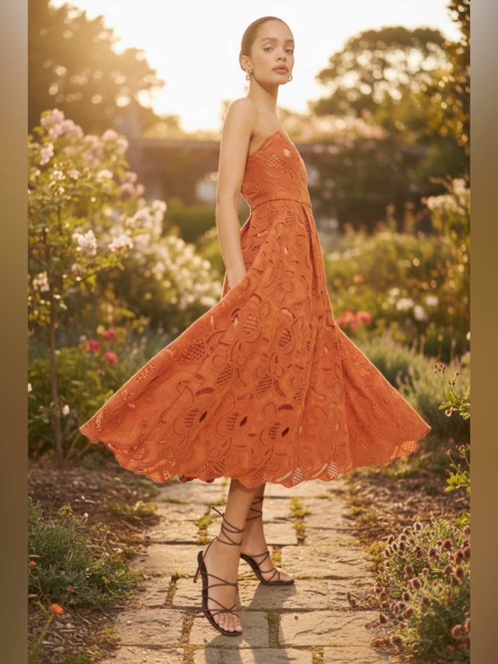 Elliatt Strapless Eyelet Midi Dress in Terracotta Orange